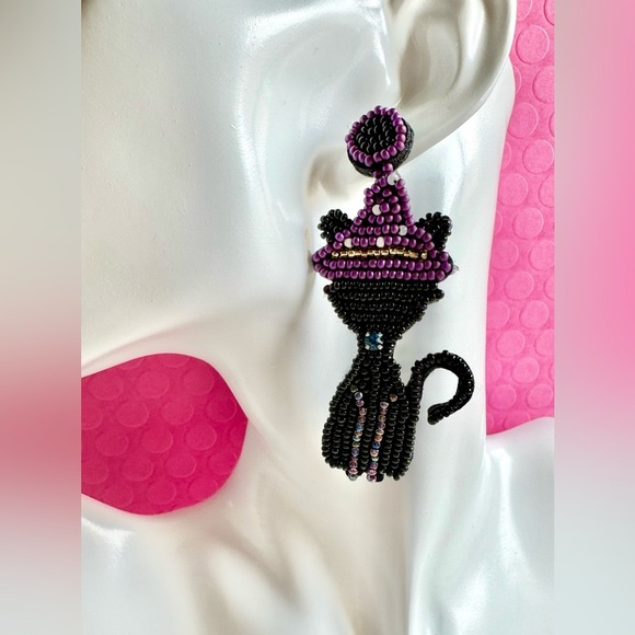 New Beaded Black Cat in Purple Witch’s Hat Halloween Statement Earrings - 3” - Picture 2 of 5